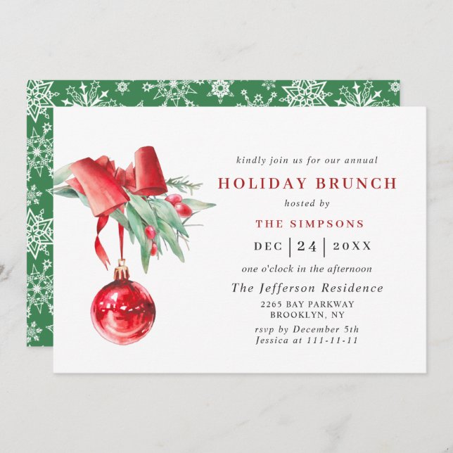 Watercolor Ornament CHRISTMAS HOLIDAY BRUNCH Einladung (Vorne/Hinten)