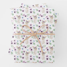Watercolor Oster Bunny Floral Muster Geschenk Weiß Geschenkpapier Set