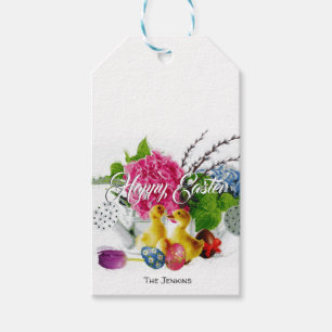 Watercolor-Ostereier, Entlein u. Frühlings-Blumen Geschenkanhänger