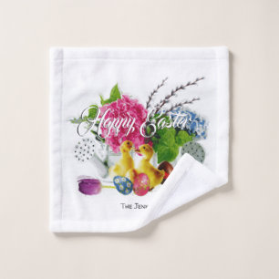 Watercolor-Ostereier, Entlein u. Frühlings-Blumen Waschlappen