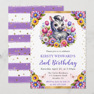 Watercolor-Ostern-Zebra & Frühlingsblumen-Geburtst Einladung