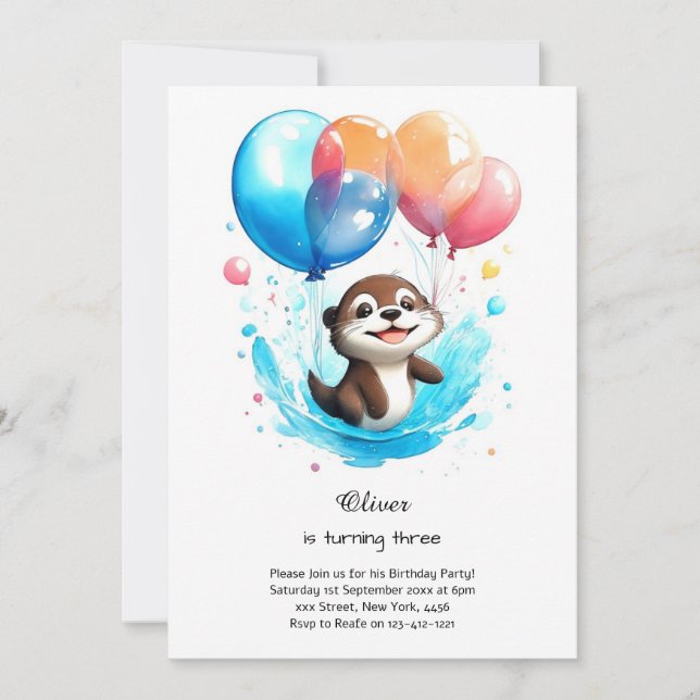 Watercolor Otter Birthday Invitation Einladung (Vorderseite)