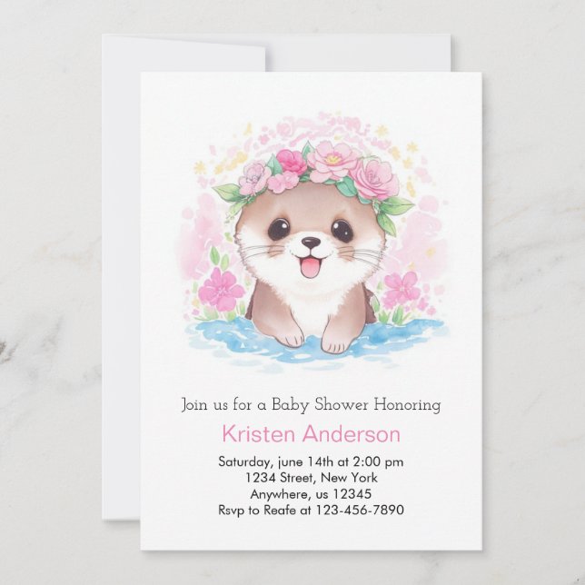 Watercolor Otter's Charm Girl Baby Shower Einladung (Vorderseite)