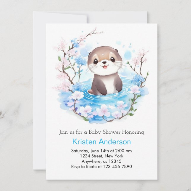 Watercolor Otter's Wonderland Boy Baby Shower Einladung (Vorderseite)