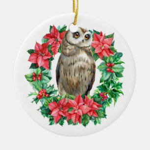 Watercolor Owl Botanical Wreath Christmas Foto Keramik Ornament