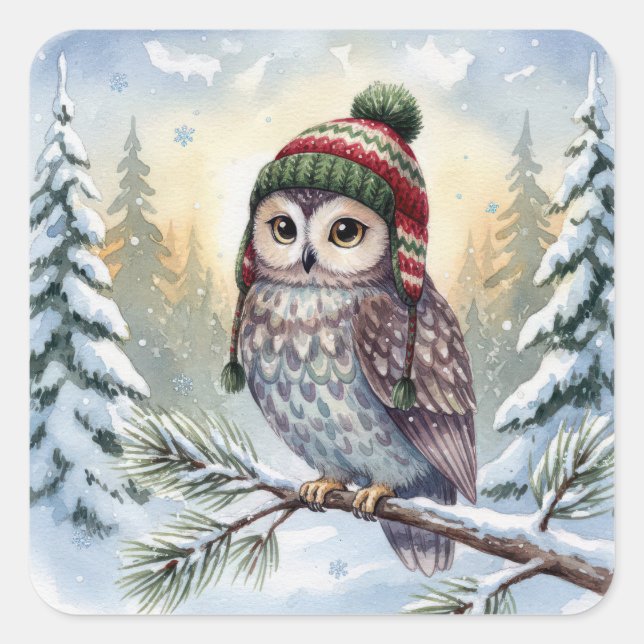 Watercolor Owl In a Winter Hat Quadratischer Aufkleber (Vorderseite)