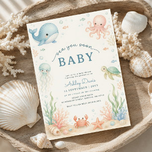 Watercolor-Ozean-Tiere Meer Sie bald Baby-Party Einladung