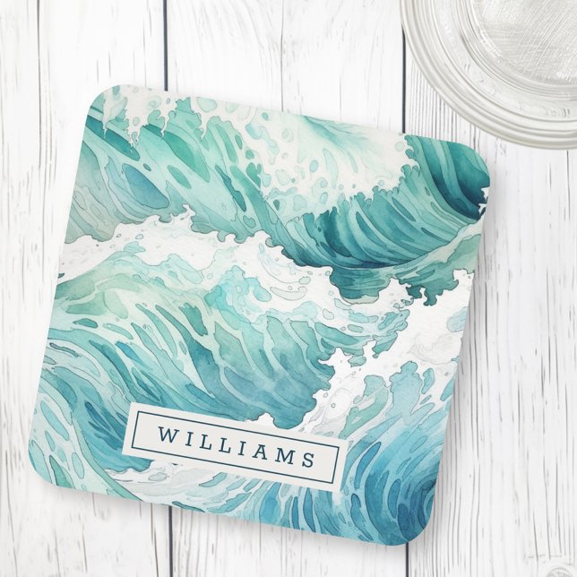 Watercolor Ozeanwellen individuelle Name Getränkeuntersetzer (Watercolor ocean waves custom name beverage coaster)