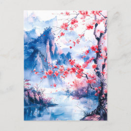 Watercolor painting chinese mountain sakura postkarte