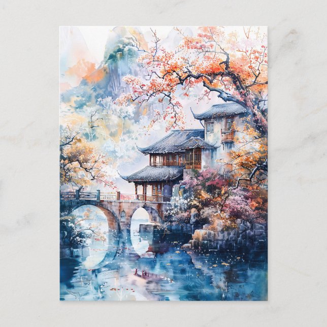 Watercolor painting of china temple and water postkarte (Vorderseite)