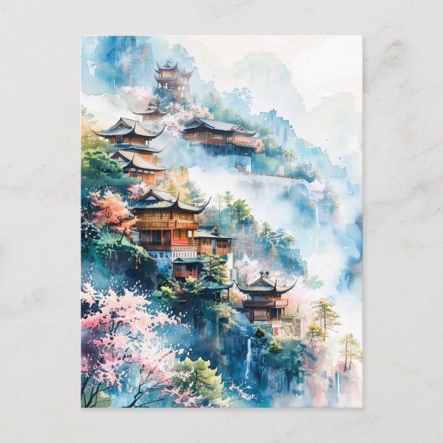 Watercolor painting of Chinese temples  Postkarte (Vorderseite)