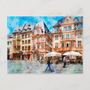 Watercolor painting of Market squard in Mainz. Postkarte