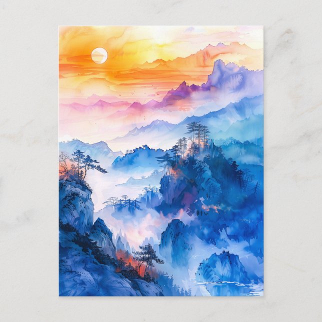 Watercolor painting of sundown chinese mountain postkarte (Vorderseite)