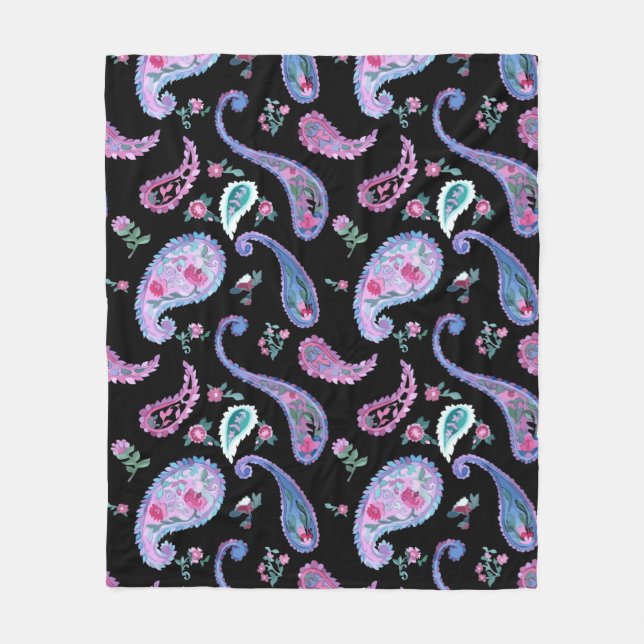 Watercolor Paisley Black Lavender Pink Blue Fleecedecke (Vorderseite)