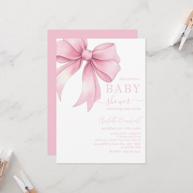 Watercolor Pale Pink Ribbon Baby Shower Einladung (Vorderseite/Rückseite Beispiel)
