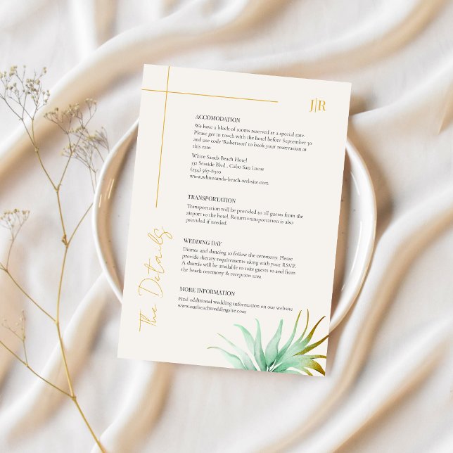 Watercolor Palm Gold Destination Wedding Detail Begleitkarte (Von Creator hochgeladen)