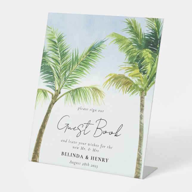 Watercolor Palm Tree Beach Wedding Gästebuch Sockelschild (Vorderseite)