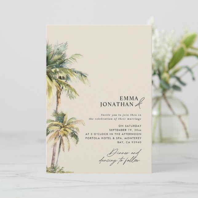 Watercolor Palm Tree Destination coastal Wedding  Einladung (Stehend Vorderseite)