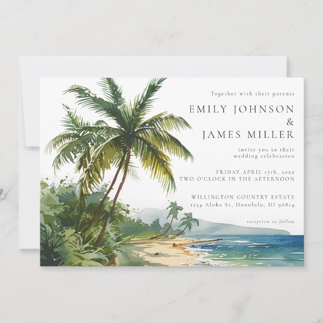 Watercolor Palm Trees Tropical Beach Wedding Einladung (Vorderseite)