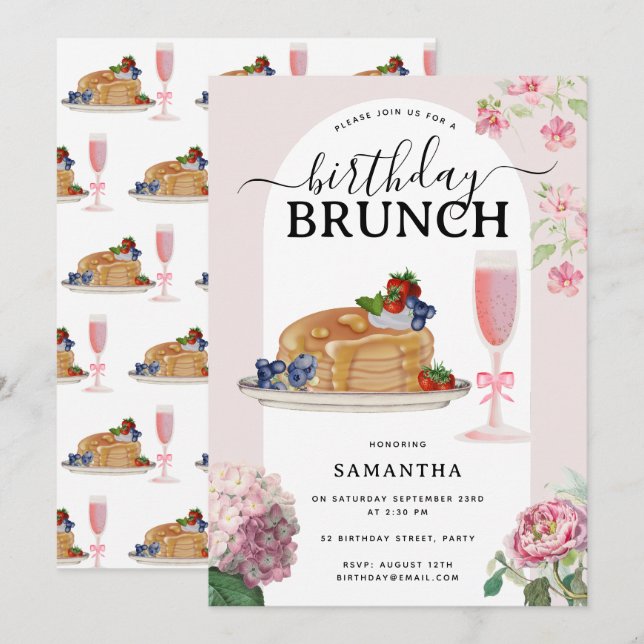 Watercolor Pancakes Berries Brunch Birthday Party Einladung (Vorne/Hinten)