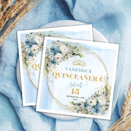 Watercolor Pastel Blue Floral Gold 15th Birthday Serviette