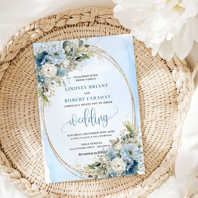 Watercolor Pastel Blue Flowers Gold Wedding Invite Einladung (Watercolor Pastel Blue Flowers Gold Wedding Invite)