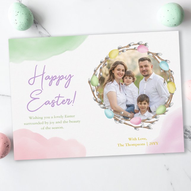 Watercolor Pastel Easter Wreath With Family Photo Karte (Von Creator hochgeladen)