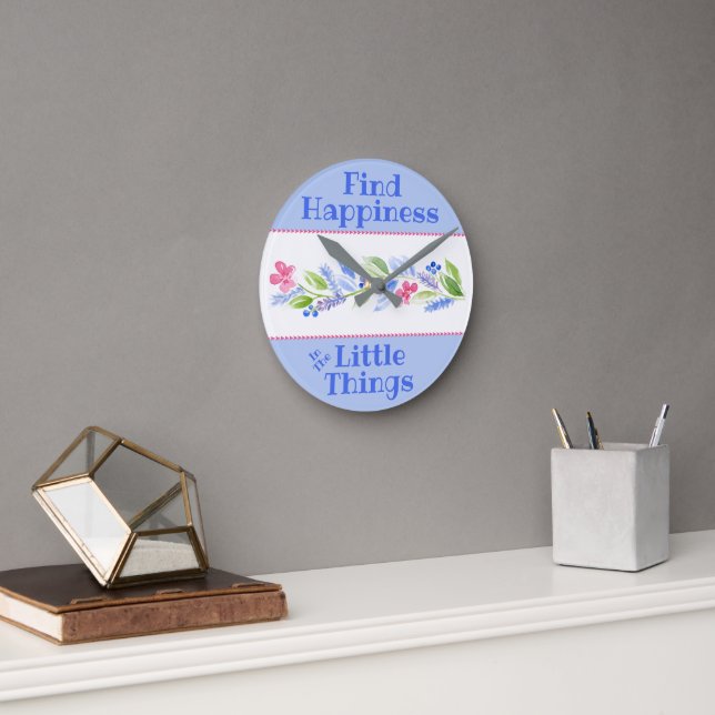 Watercolor Pastel Floral HAPPINESS LITTLE THINGS Runde Wanduhr (Büro)