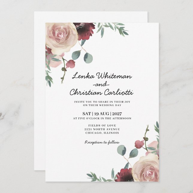 Watercolor Pastel Floral Wedding invitation Einladung (Vorne/Hinten)