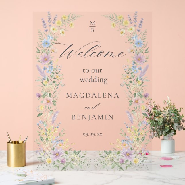 Watercolor Pastel Wildflowers Wedding Welcome Acrylschild (Hochzeit)