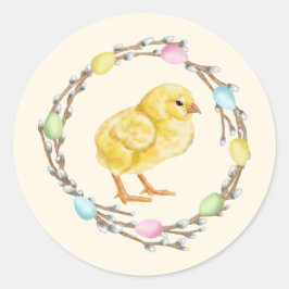 Watercolor Pastel Willow Wreath With Baby Chick Runder Aufkleber