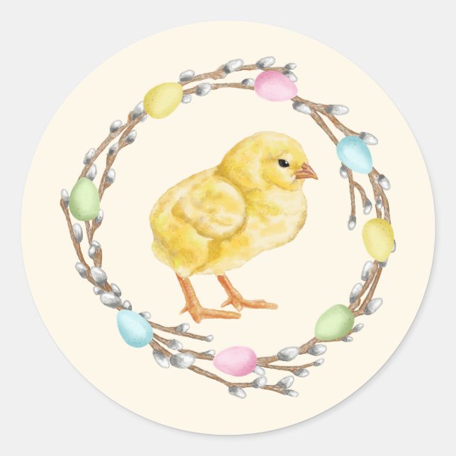 Watercolor Pastel Willow Wreath With Baby Chick Runder Aufkleber (Vorderseite)