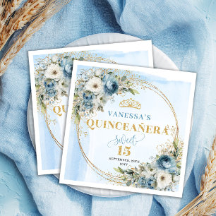 Watercolor Pastellblaue Blumen Grün Gold 15.  Serviette