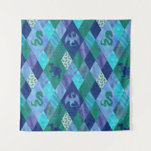 Watercolor Patchwork Dragon in Blau und Grün Wandteppich