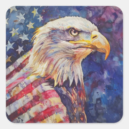 Watercolor Patriotic Bald Eagle Amerikanische Flag Quadratischer Aufkleber