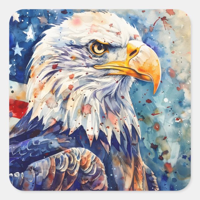 Watercolor Patriotic Bald Eagle Amerikanische Flag Quadratischer Aufkleber (Vorderseite)
