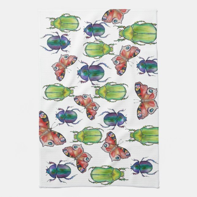 Watercolor pattern of beetles and butterflies geschirrtuch (Vertikal)