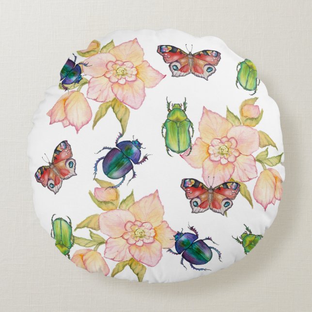 Watercolor pattern of beetles and butterflies rundes kissen (Vorderseite)