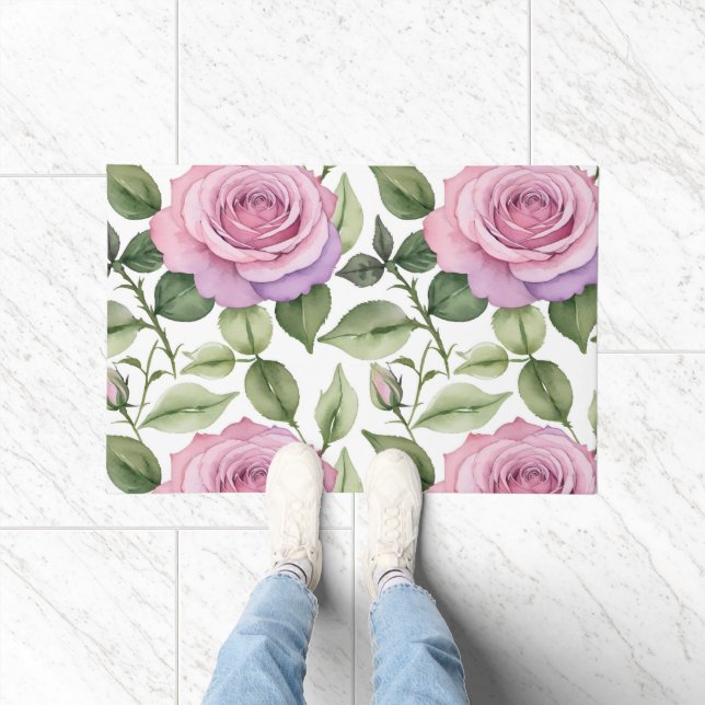 Watercolor Pattern Of Pink And Lavender Roses Fußmatte (Indoor)
