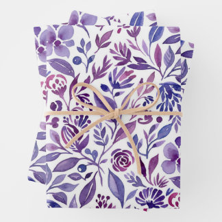 Watercolor Pattern with Purple Flowers and Leaves Geschenkpapier Set