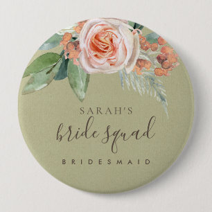 WATERCOLOR PEACH BLUME BRIDE SQUAD BRIDESMAID BUTTON