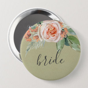 WATERCOLOR PEACH BLUME GREEN FOLIAGE GOLD BRITE BUTTON
