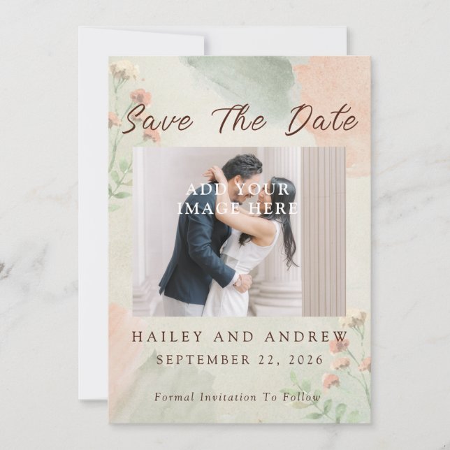 Watercolor Peach & Green Minimal Wedding Photo Save The Date (Vorderseite)