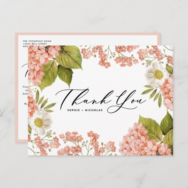 Watercolor Peach Hydrangea Wedding Vielen Dank Postkarte (Vorne/Hinten)
