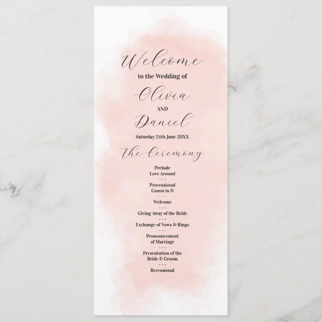 Watercolor Peach Wash Hochzeitmenü Zeremonie Detai Programm (Vorderseite)