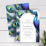 Watercolor Peacock Wedding Invitations Einladung<br><div class="desc">Discover the charm of our sophisticated wedding invitation, adorned with a watercolor depiction of a peacock, rendered in stunning hues of purple, green, and blue. This invitation exudes elegance, featuring the word 'Wedding' in a contemporary script font, elegantly framed by an arch motif. On the reverse side, you'll find an...</div>