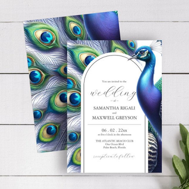 Watercolor Peacock Wedding Invitations Einladung (Watercolor peacock wedding invitation in shades of purple blue and green by Do Tell A Belle)