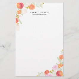 Watercolor-Pfirsiche und Blumen personalisiert Briefpapier