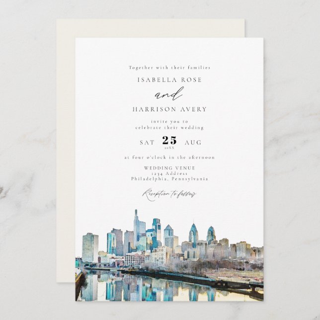 Watercolor Philadelphia Pennsylvania City Wedding Einladung (Vorne/Hinten)