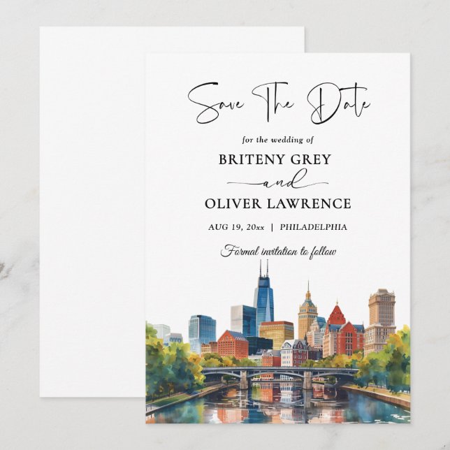 Watercolor Philadelphia Pennsylvania Skyline Save The Date (Vorne/Hinten)